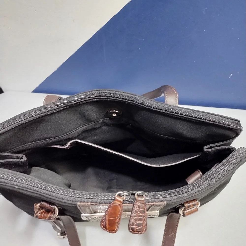Brighton One World Satchel Briefcase Womens Black Brown Croc-Embossed Classic